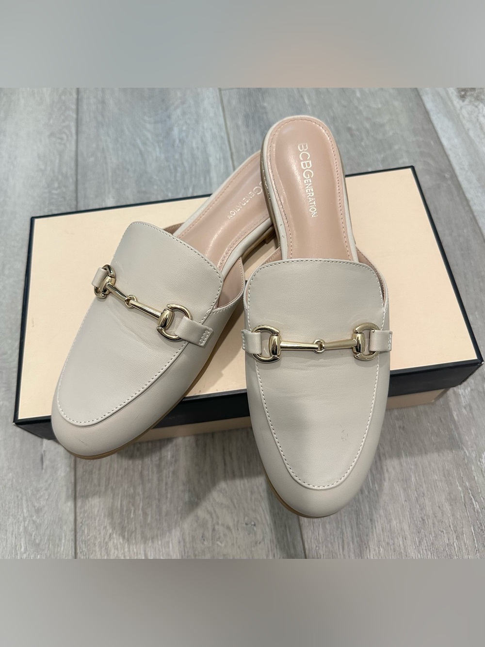 BCBGeneration Soft Grey Leather Mule Loafers with Gold-Tone Bit